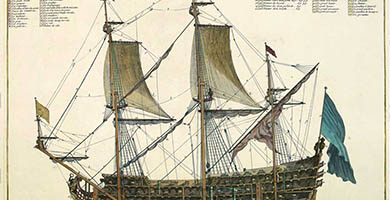 1708 76 Coupedun Amiralde104piecesde Canonavecsesprincipalesproportionsetlesnomsdespiecesdudedan  M O R T I E R  P. 1695
