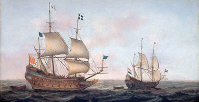 4870  Een_oorlogsschip _in_1626_op_last_van_ Lodewijk_ X I I I_op_een_ Hollandse_werf_gebouwd _stevent_onder_geleide_van_een_ Hollands_schip_een_ Hollandse_haven_binnen_( Jacob_ Gerritz._ Loef)